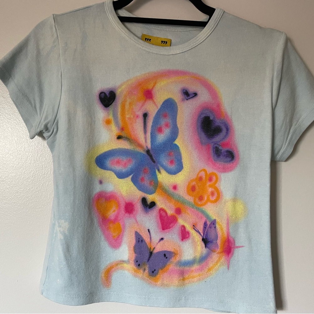 Unif Large Baby Tee w/ Airbrushed Neon Butterfly Design (Excellent Condition)